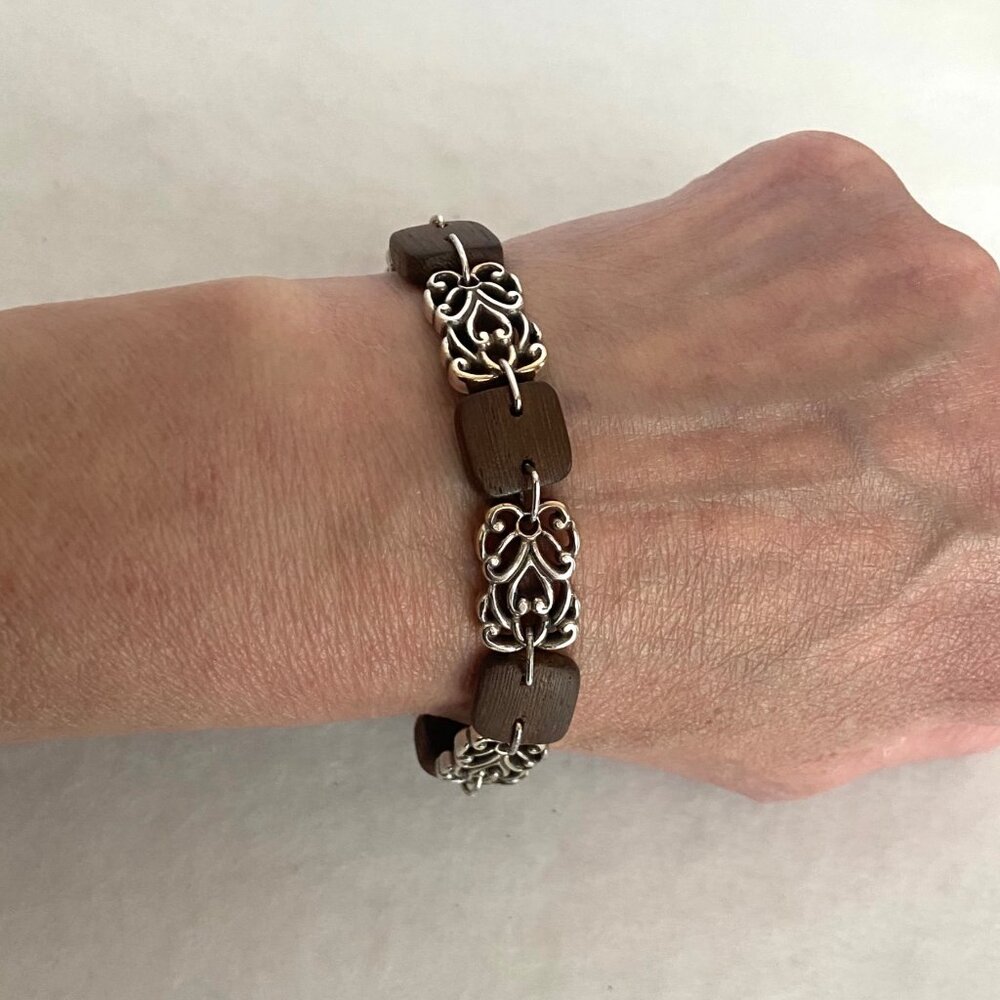 Brighton Katu Silver Plated Scrollwork Wood Panel Bracelet 7.5" - 8"